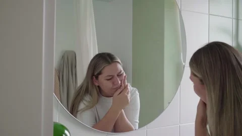 Bathroom Mirror Closeup of Home Toothache Self Check Stock Footage 340063166