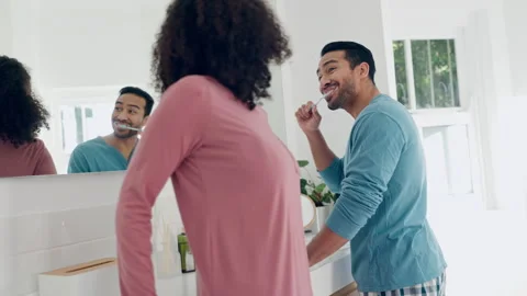 Bathroom mirror, couple and man brush tooth with teeth whitening toothpaste Stock Footage 250068530