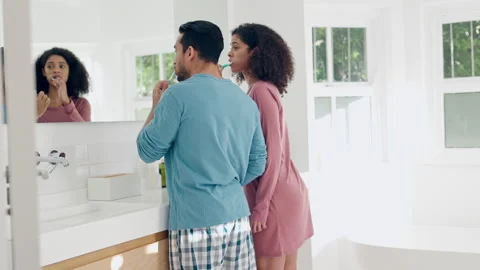 Bathroom, mirror or couple brush tooth with teeth whitening toothpaste, oral Stock Footage 250090152