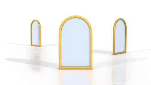 Bathroom Mirrors with Golden Frames on a Reflective Floor. 3D Mirror Animation. Stock Footage 296321251