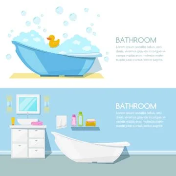 Bathroom modern interior, vector banner. Bathtub, furniture, hygiene goods an Stock Illustration