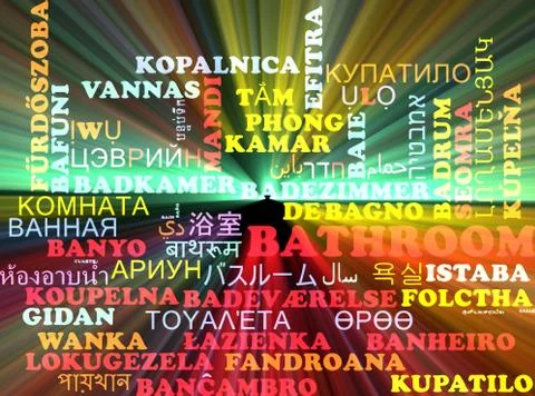 Bathroom multilanguage wordcloud background concept glowing Illustrazione stock