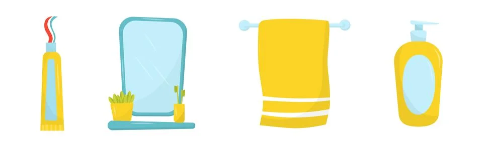 Bathroom Objects with Toothpaste Tube, Mirror, Towel and Soap Vector Set Stock Illustration