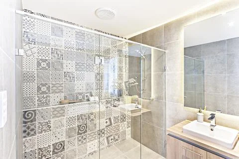 Bathroom pattern wall design with art printed on the wall Stock Photos