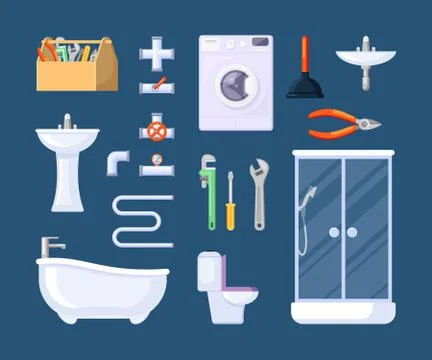 Bathroom plumbing tools set. Box with adjustable wrenches and pliers plunger for Stock Illustration