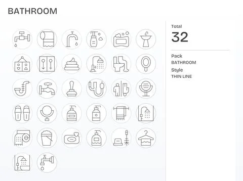 Bathroom Premium Vector Bundle with 32 128x128 PIXEL Perfect Thin Line Icons Stock Illustration