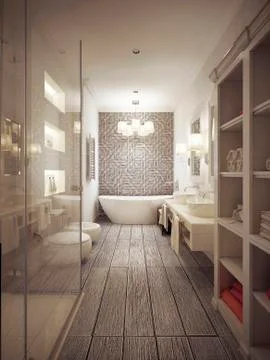 Bathroom in Provencal style with patterned tiles in beige tones. Stock Illustration