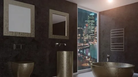Bathroom. Rainy evening. 3D rendering Stock Footage 68093515