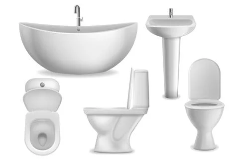 Bathroom realistic objects. White bathtub, toilet seat and washbasin with faucet Stock Illustration