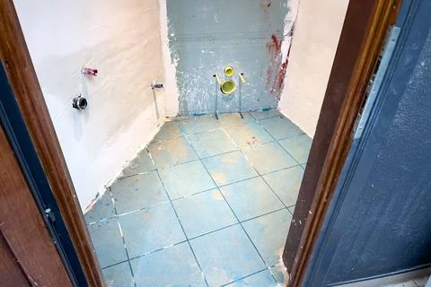 Bathroom renovation in the procession inside a modern apartment Stock Photos