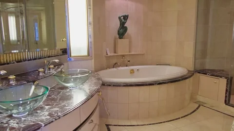 Bathroom Royal suite class in luxury cruise guest stateroom, sea travel in cozy Stock-Footage 274485388
