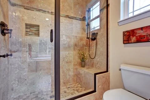 Bathroom with screened shower Stock Photos