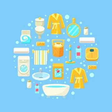 Bathroom Seamless Pattern of Round Shape, Bathroom Interior Elements, Toilet Stock Illustration