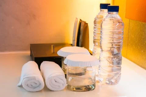 Bathroom set on ceramic wall with lighting of luxury room Stock Photos