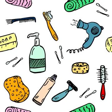 Bathroom set on white. Washing, bathing, cleanliness seamless pattern. Doodle Stock Illustration