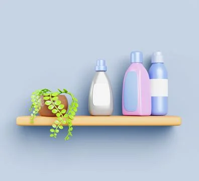 Bathroom shelf on blue wall with laundry detergent bottles and plant in pot 3d Stock Illustration