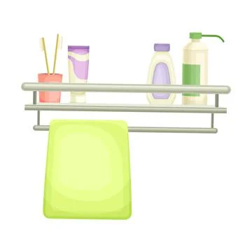Bathroom shelf with toothbrushes, toothpaste and cream bottles cartoon vector Stock Illustration