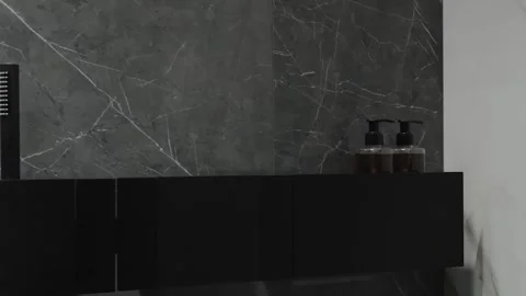 Bathroom shelves with decorative elements. Modern bathroom interior with dark 動画素材 311251045