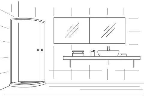 Bathroom. Shower, double mirror, worktop with sink. Stock Illustration