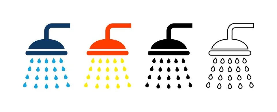 Bathroom shower head solid icon set containing icons for blue water. orange.. Stock Illustration