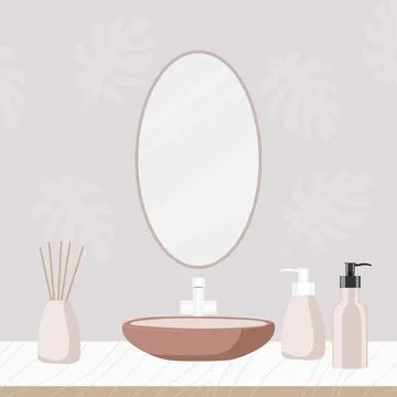 Bathroom, sink with crane, oval mirror, soap bottles, aromadiffuser. Cozy Stock Illustration