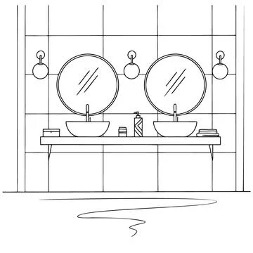 Bathroom sketch. Two washbasins, two round mirrors and other design elements. Stock Illustration