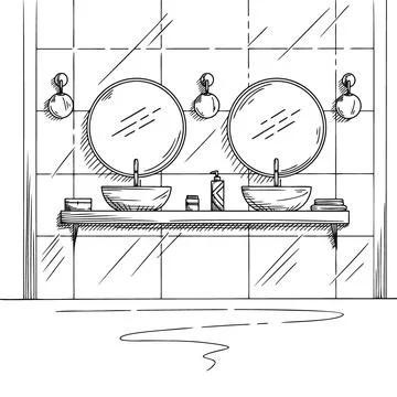 Bathroom sketch. Two washbasins, two round mirrors and other design elements. Stock Illustration