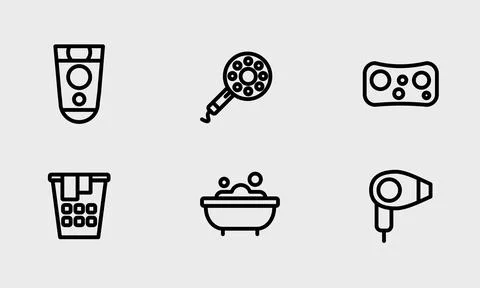 Bathroom symbol set - flat Shaver, sponge, hair dryer, bath tub with soap Illustrazione stock
