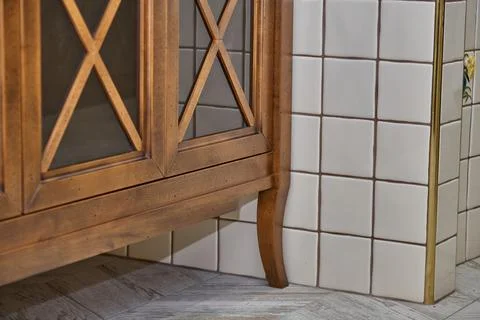 Bathroom vanity cabinet with acrylic countertop in luxury bathroom. Country Stock Photos