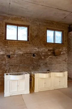 Bathroom vanity cabinets in workshop. Classic furniture Stock Photos