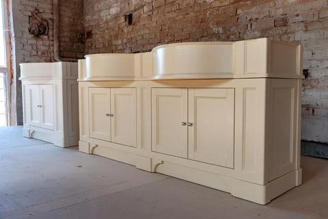 Bathroom vanity cabinets in workshop. Classic furniture Stock Photos