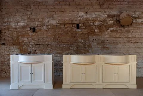 Bathroom vanity cabinets in workshop. Classic furniture Stock Photos