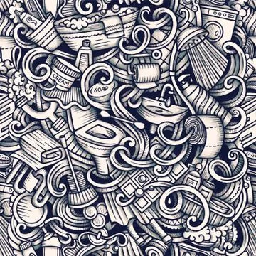 Bathroom vector hand drawn doodles seamless pattern. Graphics background design. Ilustración de archivo