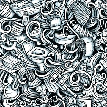 Bathroom vector hand drawn doodles seamless pattern. Graphics background design. Stock Illustration