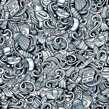 Bathroom vector hand drawn doodles seamless pattern. Graphics background design. Stock Illustration