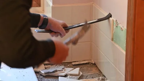Bathroom Wall Tile Removal Stock Footage 232636054