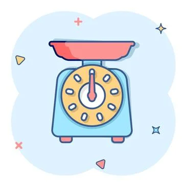 Bathroom weight scale icon in comic style. Mass measurement cartoon vector .. Illustrazione stock