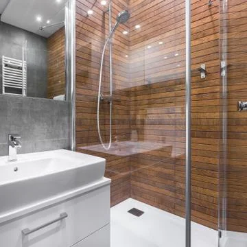 Bathroom with wood effect shower Stock Photos