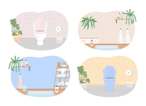Bathrooms and water closets flat color vector illustrations set Stock Illustration