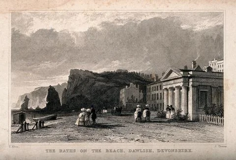 The Baths and beach, Dawlise, Devon. Etching by J. Thomas after T. Allom. 스톡 일러스트