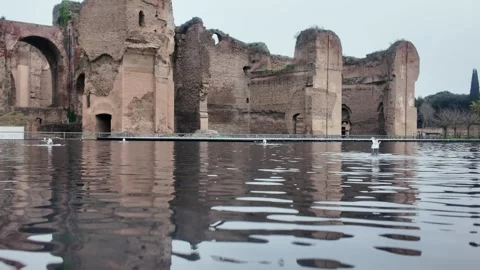 Baths of Caracalla - Ancient Ruins Reflected in Water. Stock Footage 330430057