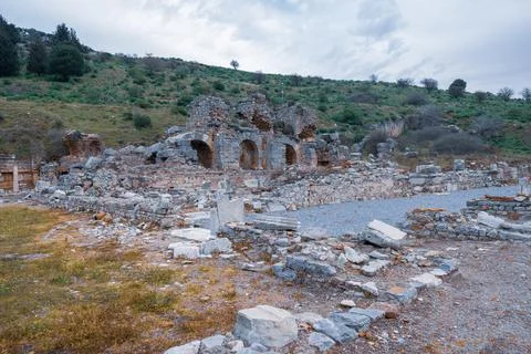 Baths at the state agora in front of forest in Ephesus ruins archaeological Stock Photos