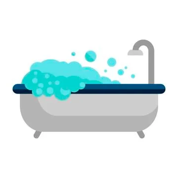 Bathtub with foam bubbles inside isolated on white background. Bath time in flat Stock Illustration