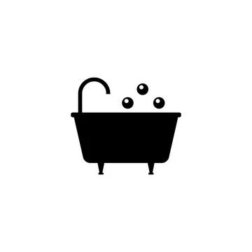 Bathtub icon with faucet and bubbles. Black and white vector silhouette. Stock Illustration