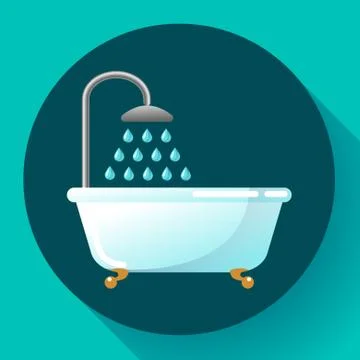 Bathtub with shower flat icon vector. Water treatments, take a bath or relax in Illustrazione stock