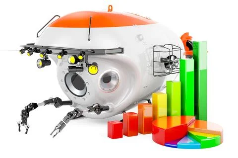 Bathyscaphe with growth bar graph and pie chart. 3D rendering Stock Illustration