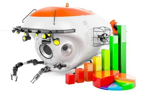 Bathyscaphe with growth bar graph and pie chart. 3D rendering Bathyscaphe ... Stock-Fotos