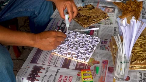 Batik expert making stamp to manufacture stamped batik, Java, Indonesia Video stock 148309530