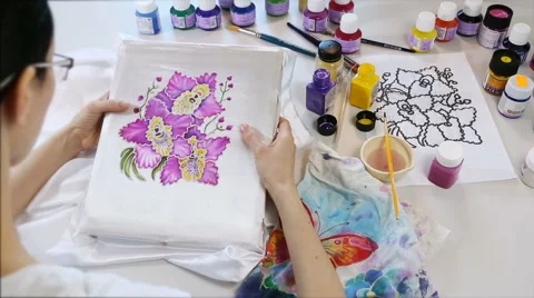 Batik Process: Artist paints on Fabric, Batik-making. Stock-Footage 62741503