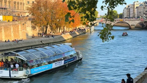 Batobus cruise boat navigating down the Seine River in Paris in autumn Stock-Footage 336722844